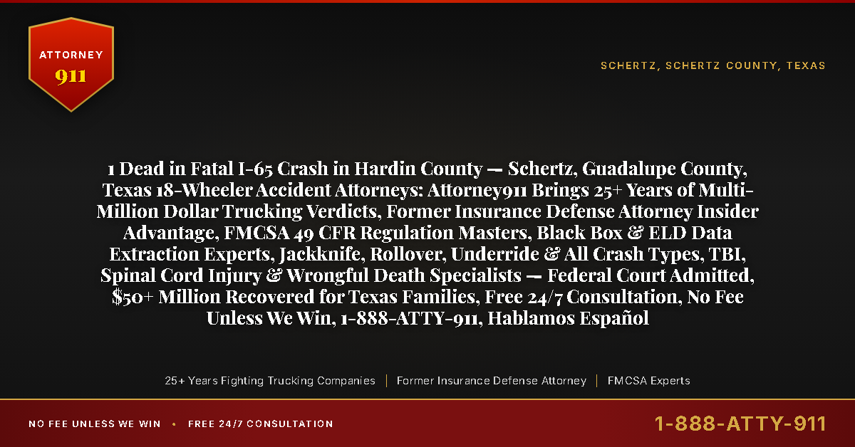 1 Dead in Fatal I-65 Crash in Hardin County — Schertz, Guadalupe County, Texas 18-Wheeler Accident Attorneys: Attorney911 Brings 25+ Years of Multi-Million Dollar Trucking Verdicts, Former Insurance Defense Attorney Insider Advantage, FMCSA 49 CFR Regulation Masters, Black Box & ELD Data Extraction Experts, Jackknife, Rollover, Underride & All Crash Types, TBI, Spinal Cord Injury & Wrongful Death Specialists — Federal Court Admitted, $50+ Million Recovered for Texas Families, Free 24/7 Consultation, No Fee Unless We Win, 1-888-ATTY-911, Hablamos Español - Attorney911