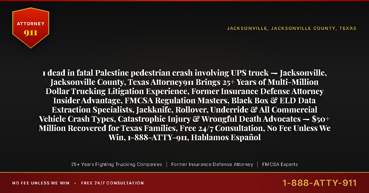 1 dead in fatal Palestine pedestrian crash involving UPS truck — Jacksonville, Jacksonville County, Texas Attorney911 Brings 25+ Years of Multi-Million Dollar Trucking Litigation Experience, Former Insurance Defense Attorney Insider Advantage, FMCSA Regulation Masters, Black Box & ELD Data Extraction Specialists, Jackknife, Rollover, Underride & All Commercial Vehicle Crash Types, Catastrophic Injury & Wrongful Death Advocates — $50+ Million Recovered for Texas Families, Free 24/7 Consultation, No Fee Unless We Win, 1-888-ATTY-911, Hablamos Español - Attorney911