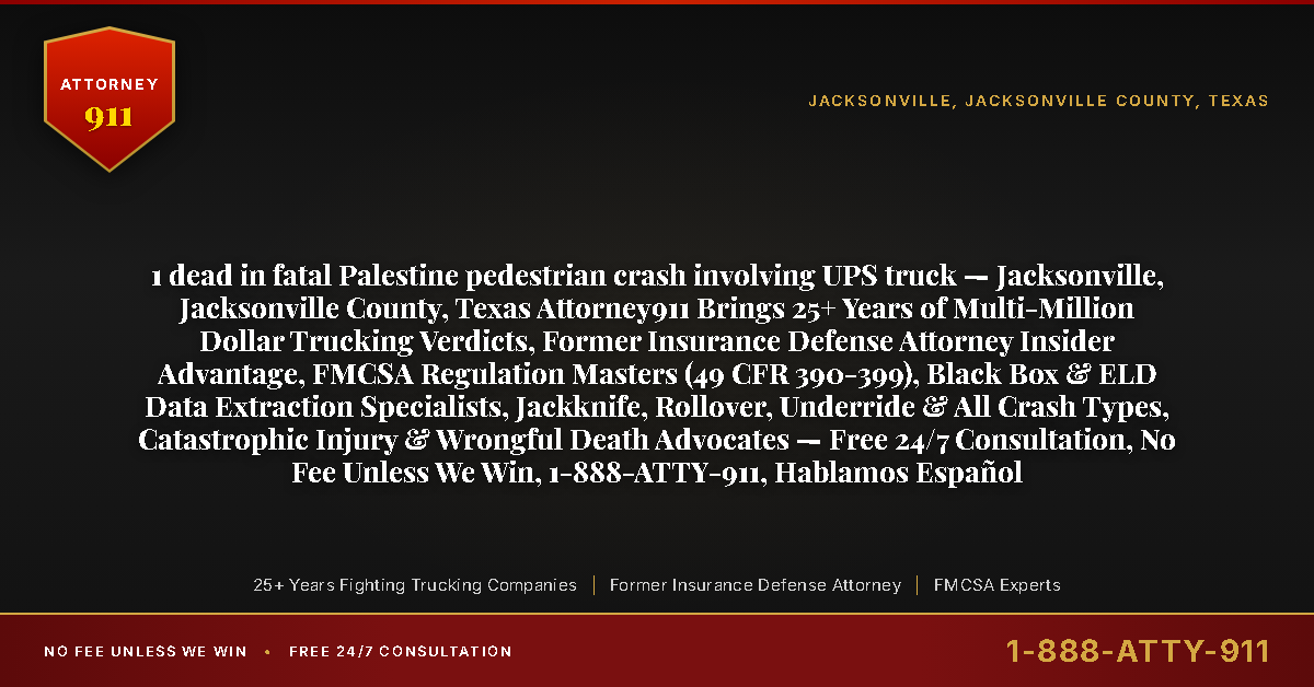 1 dead in fatal Palestine pedestrian crash involving UPS truck — Jacksonville, Jacksonville County, Texas Attorney911 Brings 25+ Years of Multi-Million Dollar Trucking Verdicts, Former Insurance Defense Attorney Insider Advantage, FMCSA Regulation Masters (49 CFR 390-399), Black Box & ELD Data Extraction Specialists, Jackknife, Rollover, Underride & All Crash Types, Catastrophic Injury & Wrongful Death Advocates — Free 24/7 Consultation, No Fee Unless We Win, 1-888-ATTY-911, Hablamos Español - Attorney911