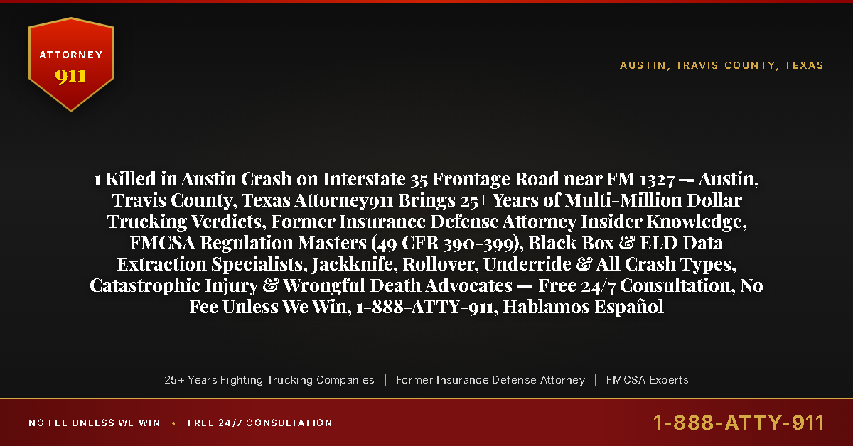 1 Killed in Austin Crash on Interstate 35 Frontage Road near FM 1327 — Austin, Travis County, Texas Attorney911 Brings 25+ Years of Multi-Million Dollar Trucking Verdicts, Former Insurance Defense Attorney Insider Knowledge, FMCSA Regulation Masters (49 CFR 390-399), Black Box & ELD Data Extraction Specialists, Jackknife, Rollover, Underride & All Crash Types, Catastrophic Injury & Wrongful Death Advocates — Free 24/7 Consultation, No Fee Unless We Win, 1-888-ATTY-911, Hablamos Español - Attorney911