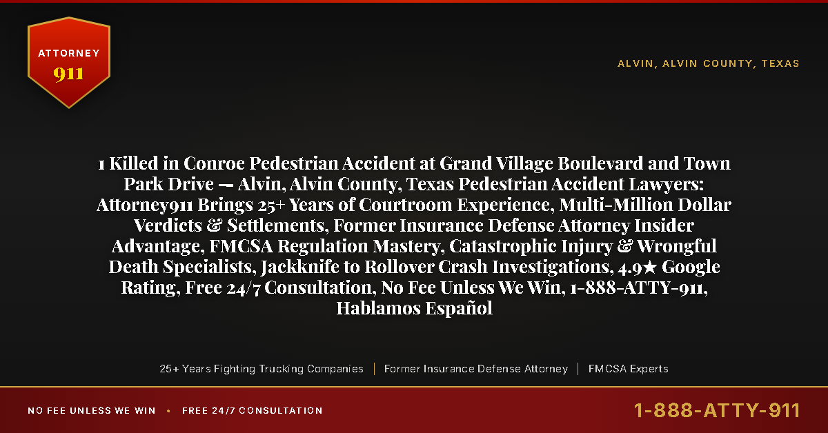 1 Killed in Conroe Pedestrian Accident at Grand Village Boulevard and Town Park Drive — Alvin, Alvin County, Texas Pedestrian Accident Lawyers: Attorney911 Brings 25+ Years of Courtroom Experience, Multi-Million Dollar Verdicts & Settlements, Former Insurance Defense Attorney Insider Advantage, FMCSA Regulation Mastery, Catastrophic Injury & Wrongful Death Specialists, Jackknife to Rollover Crash Investigations, 4.9★ Google Rating, Free 24/7 Consultation, No Fee Unless We Win, 1-888-ATTY-911, Hablamos Español - Attorney911