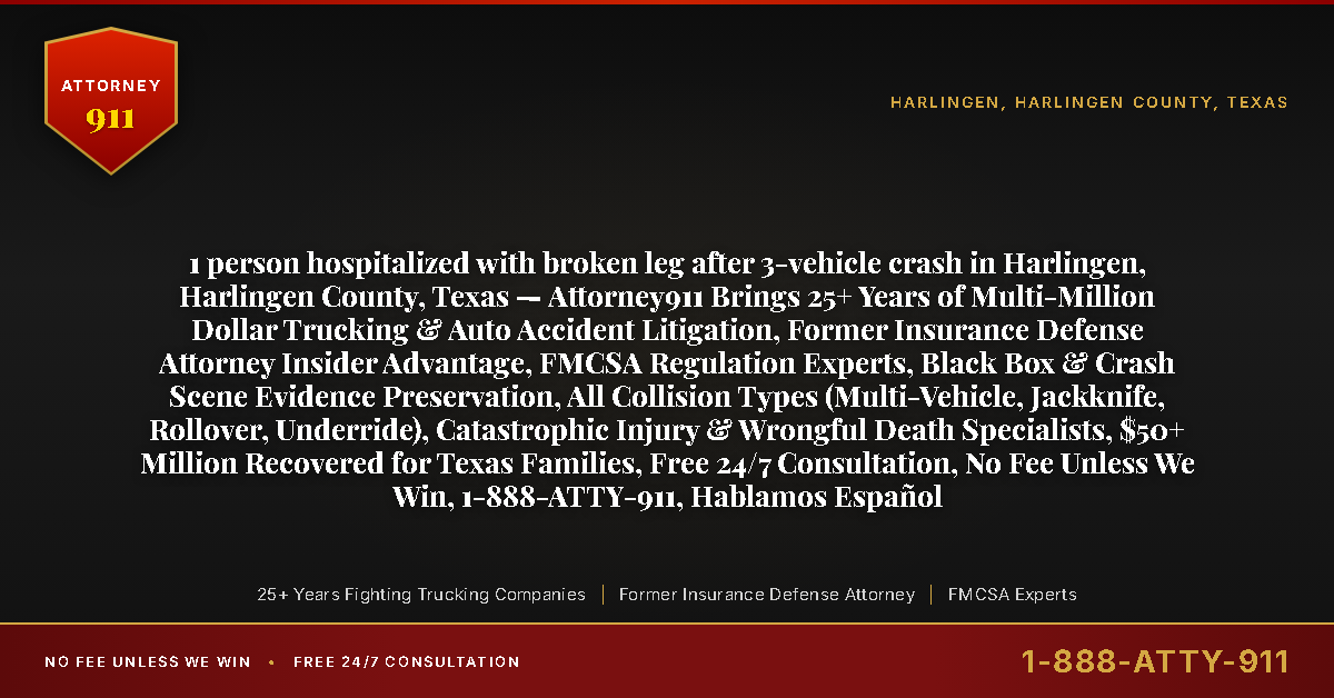 1 person hospitalized with broken leg after 3-vehicle crash in Harlingen, Harlingen County, Texas — Attorney911 Brings 25+ Years of Multi-Million Dollar Trucking & Auto Accident Litigation, Former Insurance Defense Attorney Insider Advantage, FMCSA Regulation Experts, Black Box & Crash Scene Evidence Preservation, All Collision Types (Multi-Vehicle, Jackknife, Rollover, Underride), Catastrophic Injury & Wrongful Death Specialists, $50+ Million Recovered for Texas Families, Free 24/7 Consultation, No Fee Unless We Win, 1-888-ATTY-911, Hablamos Español - Attorney911