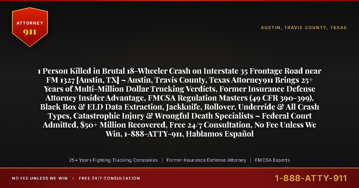 1 Person Killed in Brutal 18-Wheeler Crash on Interstate 35 Frontage Road near FM 1327 [Austin, TX] – Austin, Travis County, Texas Attorney911 Brings 25+ Years of Multi-Million Dollar Trucking Verdicts, Former Insurance Defense Attorney Insider Advantage, FMCSA Regulation Masters (49 CFR 390-399), Black Box & ELD Data Extraction, Jackknife, Rollover, Underride & All Crash Types, Catastrophic Injury & Wrongful Death Specialists – Federal Court Admitted, $50+ Million Recovered, Free 24/7 Consultation, No Fee Unless We Win, 1-888-ATTY-911, Hablamos Español - Attorney911