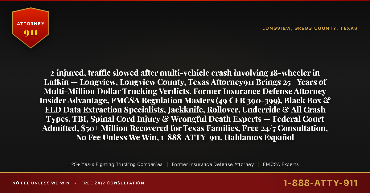 2 injured, traffic slowed after multi-vehicle crash involving 18-wheeler in Lufkin — Longview, Longview County, Texas Attorney911 Brings 25+ Years of Multi-Million Dollar Trucking Verdicts, Former Insurance Defense Attorney Insider Advantage, FMCSA Regulation Masters (49 CFR 390-399), Black Box & ELD Data Extraction Specialists, Jackknife, Rollover, Underride & All Crash Types, TBI, Spinal Cord Injury & Wrongful Death Experts — Federal Court Admitted, $50+ Million Recovered for Texas Families, Free 24/7 Consultation, No Fee Unless We Win, 1-888-ATTY-911, Hablamos Español - Attorney911