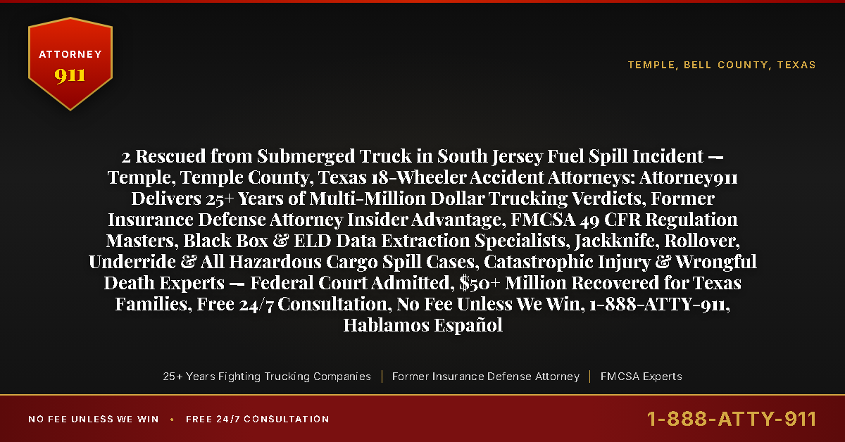 2 Rescued from Submerged Truck in South Jersey Fuel Spill Incident — Temple, Temple County, Texas 18-Wheeler Accident Attorneys: Attorney911 Delivers 25+ Years of Multi-Million Dollar Trucking Verdicts, Former Insurance Defense Attorney Insider Advantage, FMCSA 49 CFR Regulation Masters, Black Box & ELD Data Extraction Specialists, Jackknife, Rollover, Underride & All Hazardous Cargo Spill Cases, Catastrophic Injury & Wrongful Death Experts — Federal Court Admitted, $50+ Million Recovered for Texas Families, Free 24/7 Consultation, No Fee Unless We Win, 1-888-ATTY-911, Hablamos Español - Attorney911