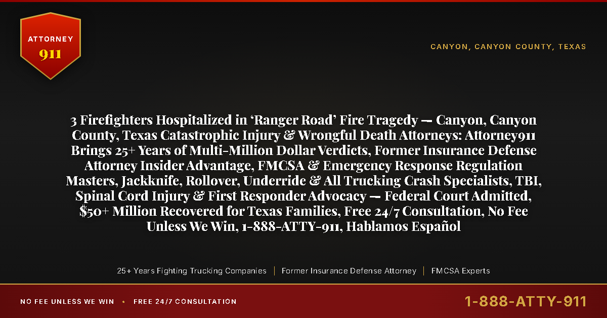 3 Firefighters Hospitalized in ‘Ranger Road’ Fire Tragedy — Canyon, Canyon County, Texas Catastrophic Injury & Wrongful Death Attorneys: Attorney911 Brings 25+ Years of Multi-Million Dollar Verdicts, Former Insurance Defense Attorney Insider Advantage, FMCSA & Emergency Response Regulation Masters, Jackknife, Rollover, Underride & All Trucking Crash Specialists, TBI, Spinal Cord Injury & First Responder Advocacy — Federal Court Admitted, $50+ Million Recovered for Texas Families, Free 24/7 Consultation, No Fee Unless We Win, 1-888-ATTY-911, Hablamos Español - Attorney911