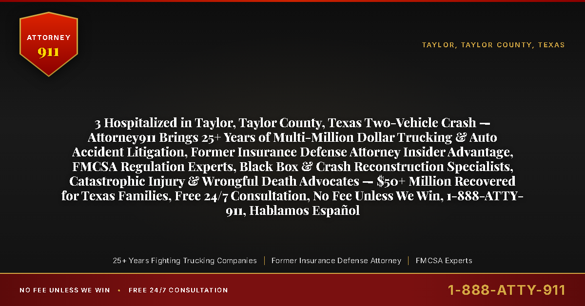 3 Hospitalized in Taylor, Taylor County, Texas Two-Vehicle Crash — Attorney911 Brings 25+ Years of Multi-Million Dollar Trucking & Auto Accident Litigation, Former Insurance Defense Attorney Insider Advantage, FMCSA Regulation Experts, Black Box & Crash Reconstruction Specialists, Catastrophic Injury & Wrongful Death Advocates — $50+ Million Recovered for Texas Families, Free 24/7 Consultation, No Fee Unless We Win, 1-888-ATTY-911, Hablamos Español - Attorney911