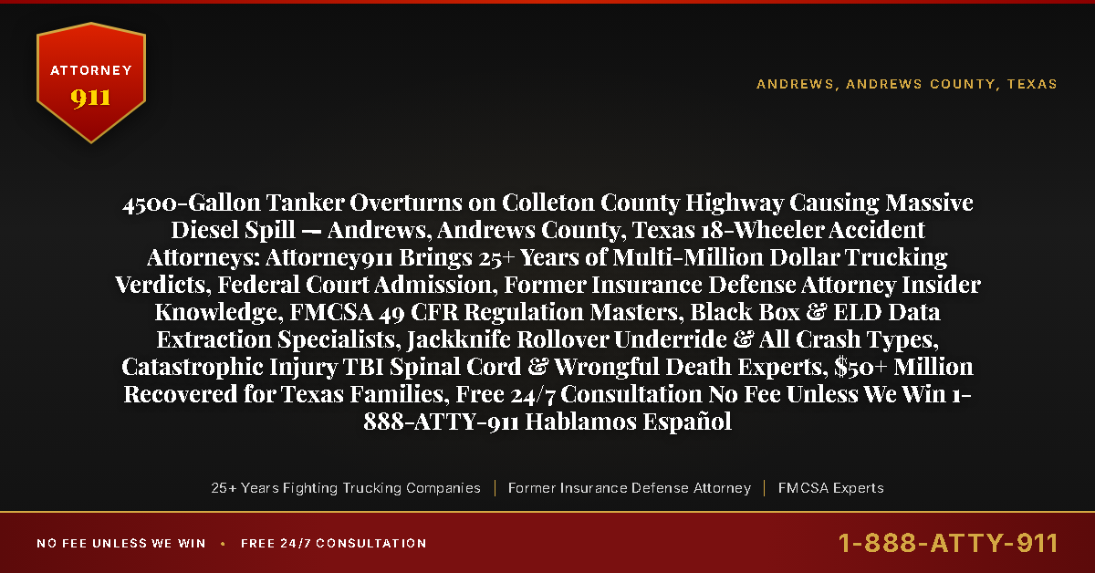 4500-Gallon Tanker Overturns on Colleton County Highway Causing Massive Diesel Spill — Andrews, Andrews County, Texas 18-Wheeler Accident Attorneys: Attorney911 Brings 25+ Years of Multi-Million Dollar Trucking Verdicts, Federal Court Admission, Former Insurance Defense Attorney Insider Knowledge, FMCSA 49 CFR Regulation Masters, Black Box & ELD Data Extraction Specialists, Jackknife Rollover Underride & All Crash Types, Catastrophic Injury TBI Spinal Cord & Wrongful Death Experts, $50+ Million Recovered for Texas Families, Free 24/7 Consultation No Fee Unless We Win 1-888-ATTY-911 Hablamos Español - Attorney911