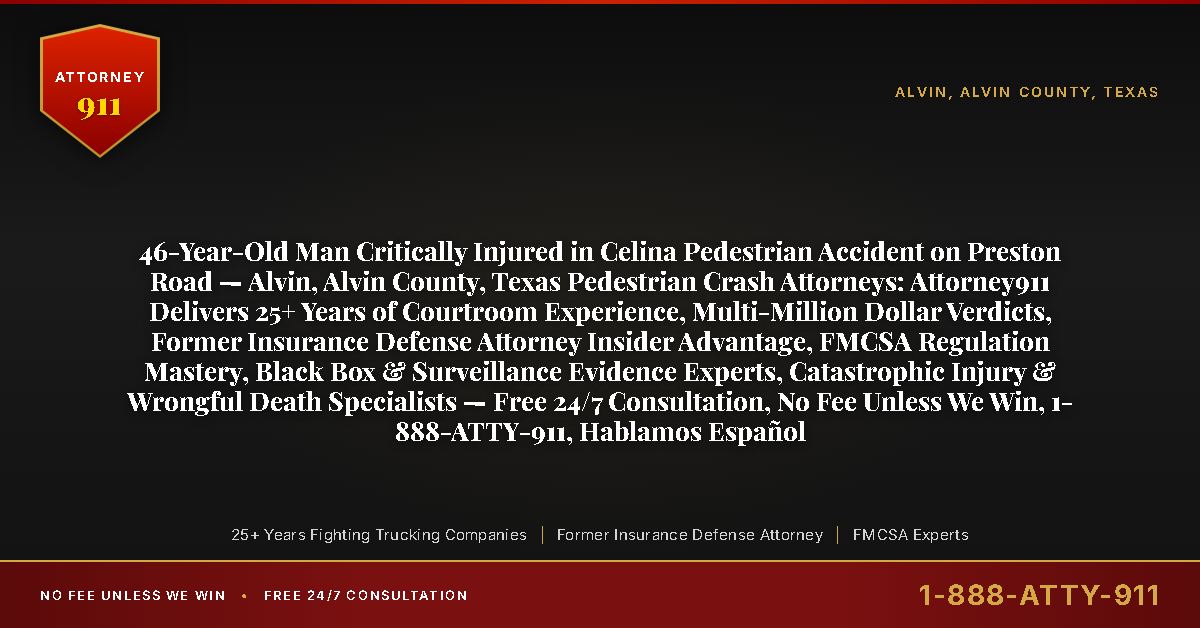 46-Year-Old Man Critically Injured in Celina Pedestrian Accident on Preston Road — Alvin, Alvin County, Texas Pedestrian Crash Attorneys: Attorney911 Delivers 25+ Years of Courtroom Experience, Multi-Million Dollar Verdicts, Former Insurance Defense Attorney Insider Advantage, FMCSA Regulation Mastery, Black Box & Surveillance Evidence Experts, Catastrophic Injury & Wrongful Death Specialists — Free 24/7 Consultation, No Fee Unless We Win, 1-888-ATTY-911, Hablamos Español - Attorney911