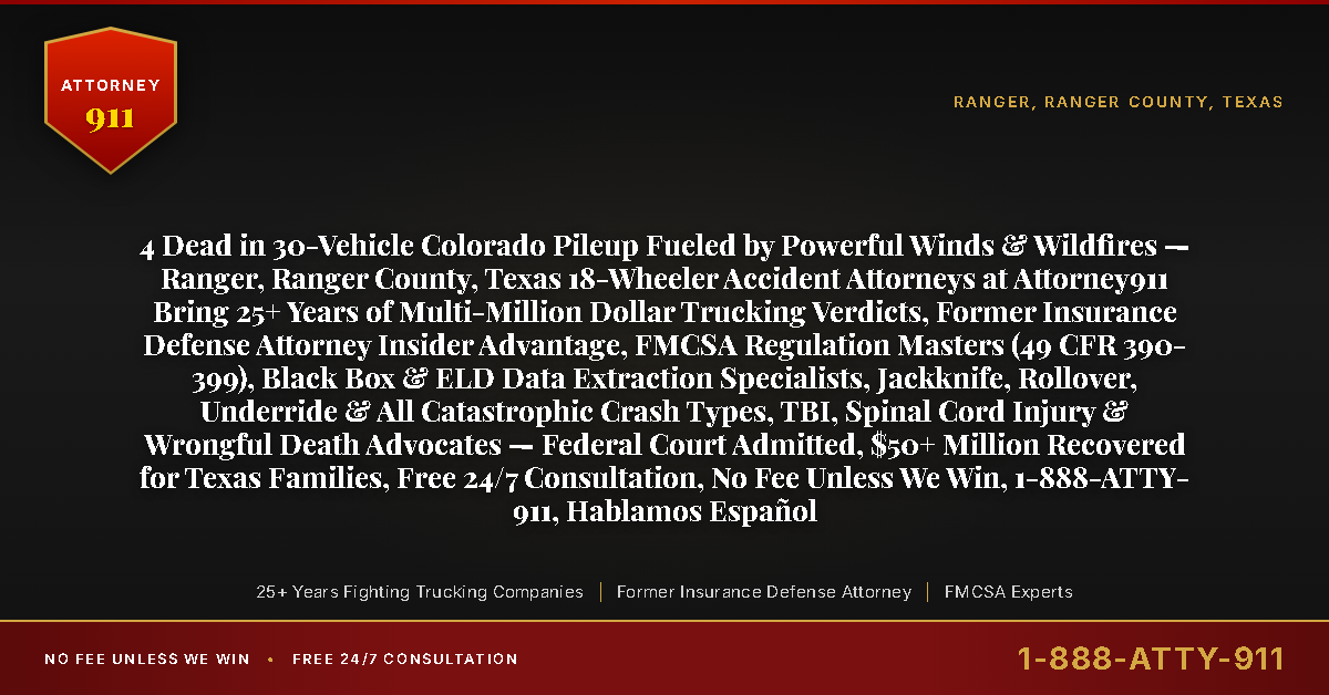 4 Dead in 30-Vehicle Colorado Pileup Fueled by Powerful Winds & Wildfires — Ranger, Ranger County, Texas 18-Wheeler Accident Attorneys at Attorney911 Bring 25+ Years of Multi-Million Dollar Trucking Verdicts, Former Insurance Defense Attorney Insider Advantage, FMCSA Regulation Masters (49 CFR 390-399), Black Box & ELD Data Extraction Specialists, Jackknife, Rollover, Underride & All Catastrophic Crash Types, TBI, Spinal Cord Injury & Wrongful Death Advocates — Federal Court Admitted, $50+ Million Recovered for Texas Families, Free 24/7 Consultation, No Fee Unless We Win, 1-888-ATTY-911, Hablamos Español - Attorney911