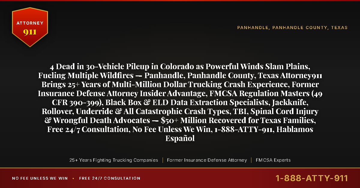 4 Dead in 30-Vehicle Pileup in Colorado as Powerful Winds Slam Plains, Fueling Multiple Wildfires — Panhandle, Panhandle County, Texas Attorney911 Brings 25+ Years of Multi-Million Dollar Trucking Crash Experience, Former Insurance Defense Attorney Insider Advantage, FMCSA Regulation Masters (49 CFR 390-399), Black Box & ELD Data Extraction Specialists, Jackknife, Rollover, Underride & All Catastrophic Crash Types, TBI, Spinal Cord Injury & Wrongful Death Advocates — $50+ Million Recovered for Texas Families, Free 24/7 Consultation, No Fee Unless We Win, 1-888-ATTY-911, Hablamos Español - Attorney911