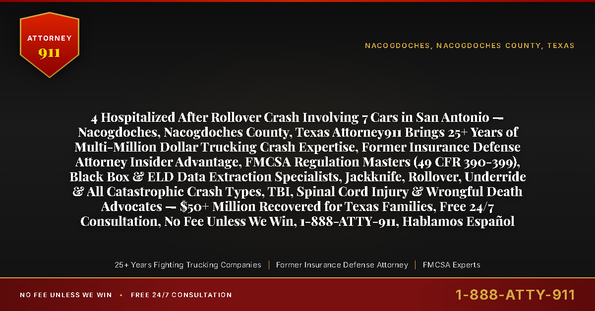4 Hospitalized After Rollover Crash Involving 7 Cars in San Antonio — Nacogdoches, Nacogdoches County, Texas Attorney911 Brings 25+ Years of Multi-Million Dollar Trucking Crash Expertise, Former Insurance Defense Attorney Insider Advantage, FMCSA Regulation Masters (49 CFR 390-399), Black Box & ELD Data Extraction Specialists, Jackknife, Rollover, Underride & All Catastrophic Crash Types, TBI, Spinal Cord Injury & Wrongful Death Advocates — $50+ Million Recovered for Texas Families, Free 24/7 Consultation, No Fee Unless We Win, 1-888-ATTY-911, Hablamos Español - Attorney911