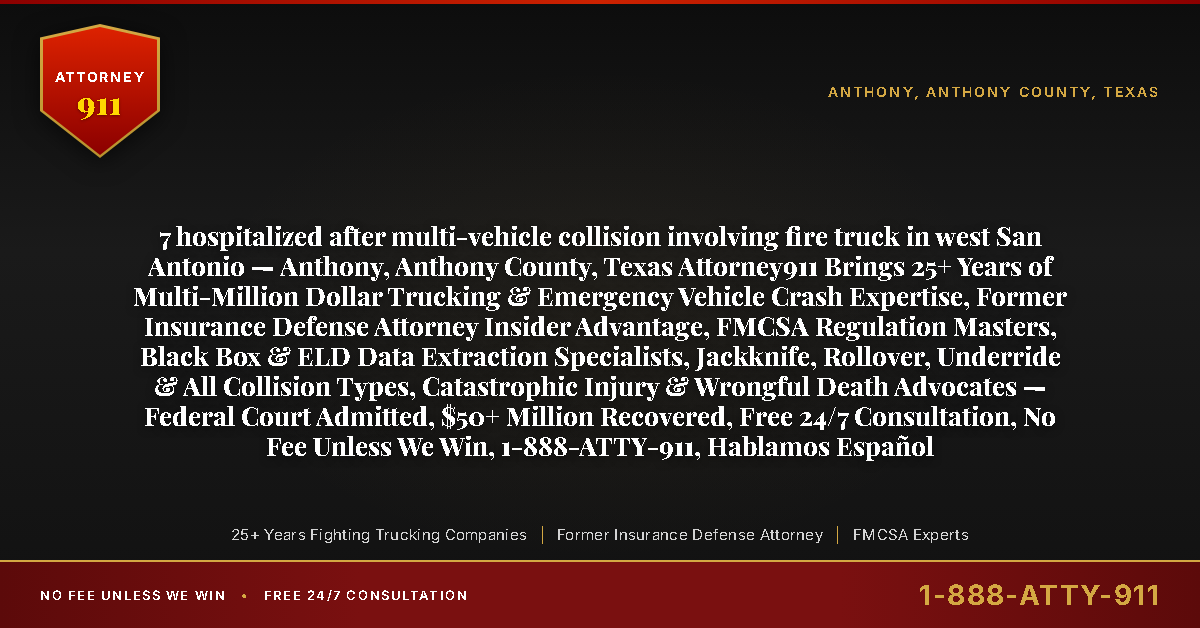 7 hospitalized after multi-vehicle collision involving fire truck in west San Antonio — Anthony, Anthony County, Texas Attorney911 Brings 25+ Years of Multi-Million Dollar Trucking & Emergency Vehicle Crash Expertise, Former Insurance Defense Attorney Insider Advantage, FMCSA Regulation Masters, Black Box & ELD Data Extraction Specialists, Jackknife, Rollover, Underride & All Collision Types, Catastrophic Injury & Wrongful Death Advocates — Federal Court Admitted, $50+ Million Recovered, Free 24/7 Consultation, No Fee Unless We Win, 1-888-ATTY-911, Hablamos Español - Attorney911