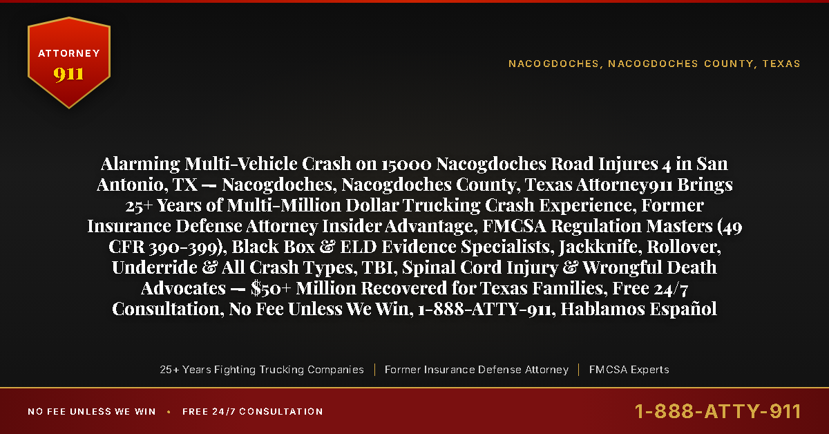 Alarming Multi-Vehicle Crash on 15000 Nacogdoches Road Injures 4 in San Antonio, TX — Nacogdoches, Nacogdoches County, Texas Attorney911 Brings 25+ Years of Multi-Million Dollar Trucking Crash Experience, Former Insurance Defense Attorney Insider Advantage, FMCSA Regulation Masters (49 CFR 390-399), Black Box & ELD Evidence Specialists, Jackknife, Rollover, Underride & All Crash Types, TBI, Spinal Cord Injury & Wrongful Death Advocates — $50+ Million Recovered for Texas Families, Free 24/7 Consultation, No Fee Unless We Win, 1-888-ATTY-911, Hablamos Español - Attorney911