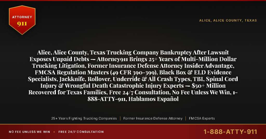 Alice, Alice County, Texas Trucking Company Bankruptcy After Lawsuit Exposes Unpaid Debts — Attorney911 Brings 25+ Years of Multi-Million Dollar Trucking Litigation, Former Insurance Defense Attorney Insider Advantage, FMCSA Regulation Masters (49 CFR 390-399), Black Box & ELD Evidence Specialists, Jackknife, Rollover, Underride & All Crash Types, TBI, Spinal Cord Injury & Wrongful Death Catastrophic Injury Experts — $50+ Million Recovered for Texas Families, Free 24/7 Consultation, No Fee Unless We Win, 1-888-ATTY-911, Hablamos Español - Attorney911