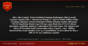 Alice, Alice County, Texas Trucking Company Bankruptcy After Lawsuit Exposes Unpaid Debts — Attorney911 Brings 25+ Years of Multi-Million Dollar Trucking Litigation, Former Insurance Defense Attorney Insider Advantage, FMCSA Regulation Masters (49 CFR 390-399), Black Box & ELD Evidence Specialists, Jackknife, Rollover, Underride & All Crash Types, TBI, Spinal Cord Injury & Wrongful Death Catastrophic Injury Experts — $50+ Million Recovered for Texas Families, Free 24/7 Consultation, No Fee Unless We Win, 1-888-ATTY-911, Hablamos Español - Attorney911