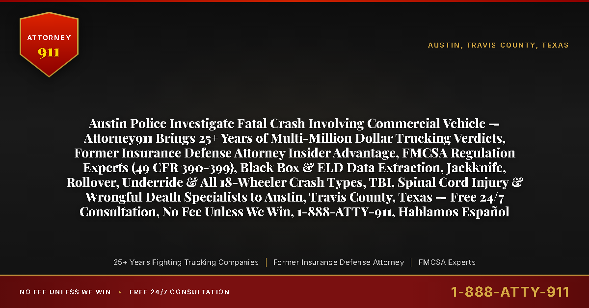 Austin Police Investigate Fatal Crash Involving Commercial Vehicle — Attorney911 Brings 25+ Years of Multi-Million Dollar Trucking Verdicts, Former Insurance Defense Attorney Insider Advantage, FMCSA Regulation Experts (49 CFR 390-399), Black Box & ELD Data Extraction, Jackknife, Rollover, Underride & All 18-Wheeler Crash Types, TBI, Spinal Cord Injury & Wrongful Death Specialists to Austin, Travis County, Texas — Free 24/7 Consultation, No Fee Unless We Win, 1-888-ATTY-911, Hablamos Español - Attorney911