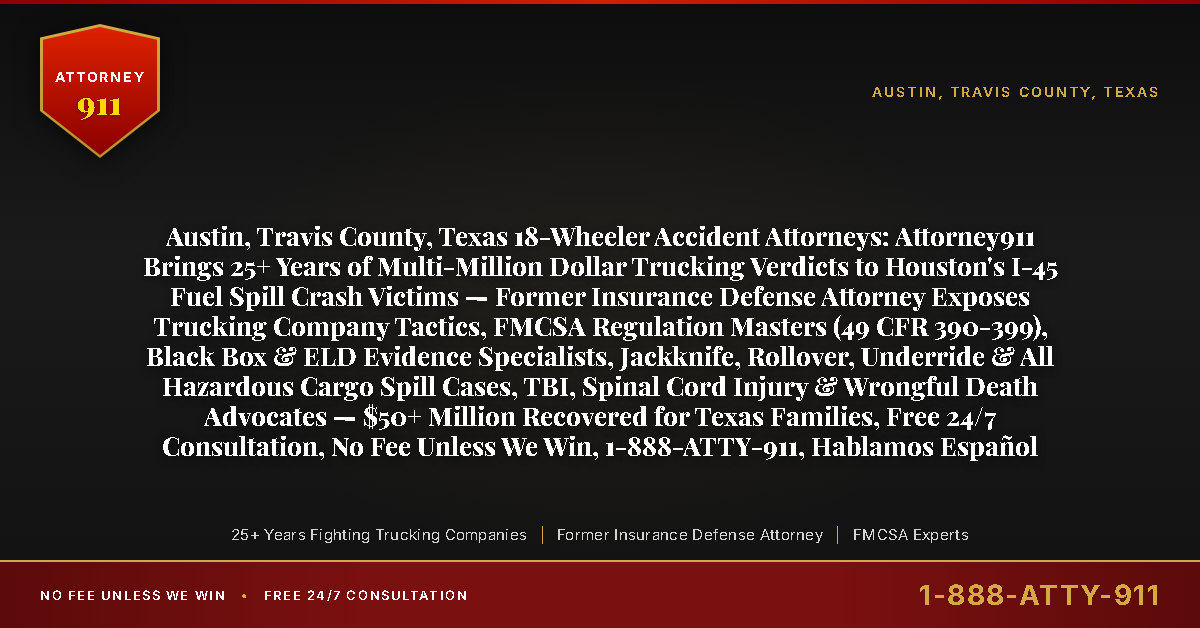 Austin, Travis County, Texas 18-Wheeler Accident Attorneys: Attorney911 Brings 25+ Years of Multi-Million Dollar Trucking Verdicts to Houston's I-45 Fuel Spill Crash Victims — Former Insurance Defense Attorney Exposes Trucking Company Tactics, FMCSA Regulation Masters (49 CFR 390-399), Black Box & ELD Evidence Specialists, Jackknife, Rollover, Underride & All Hazardous Cargo Spill Cases, TBI, Spinal Cord Injury & Wrongful Death Advocates — $50+ Million Recovered for Texas Families, Free 24/7 Consultation, No Fee Unless We Win, 1-888-ATTY-911, Hablamos Español - Attorney911