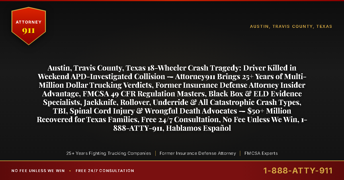 Austin, Travis County, Texas 18-Wheeler Crash Tragedy: Driver Killed in Weekend APD-Investigated Collision — Attorney911 Brings 25+ Years of Multi-Million Dollar Trucking Verdicts, Former Insurance Defense Attorney Insider Advantage, FMCSA 49 CFR Regulation Masters, Black Box & ELD Evidence Specialists, Jackknife, Rollover, Underride & All Catastrophic Crash Types, TBI, Spinal Cord Injury & Wrongful Death Advocates — $50+ Million Recovered for Texas Families, Free 24/7 Consultation, No Fee Unless We Win, 1-888-ATTY-911, Hablamos Español - Attorney911