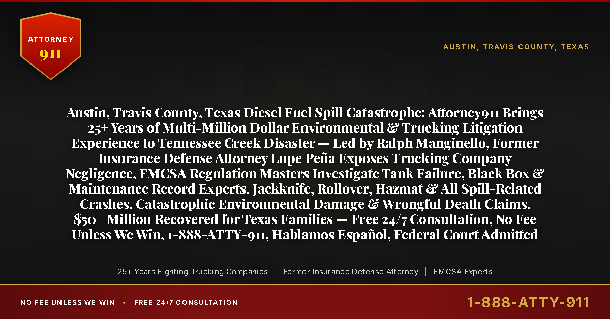 Austin, Travis County, Texas Diesel Fuel Spill Catastrophe: Attorney911 Brings 25+ Years of Multi-Million Dollar Environmental & Trucking Litigation Experience to Tennessee Creek Disaster — Led by Ralph Manginello, Former Insurance Defense Attorney Lupe Peña Exposes Trucking Company Negligence, FMCSA Regulation Masters Investigate Tank Failure, Black Box & Maintenance Record Experts, Jackknife, Rollover, Hazmat & All Spill-Related Crashes, Catastrophic Environmental Damage & Wrongful Death Claims, $50+ Million Recovered for Texas Families — Free 24/7 Consultation, No Fee Unless We Win, 1-888-ATTY-911, Hablamos Español, Federal Court Admitted - Attorney911