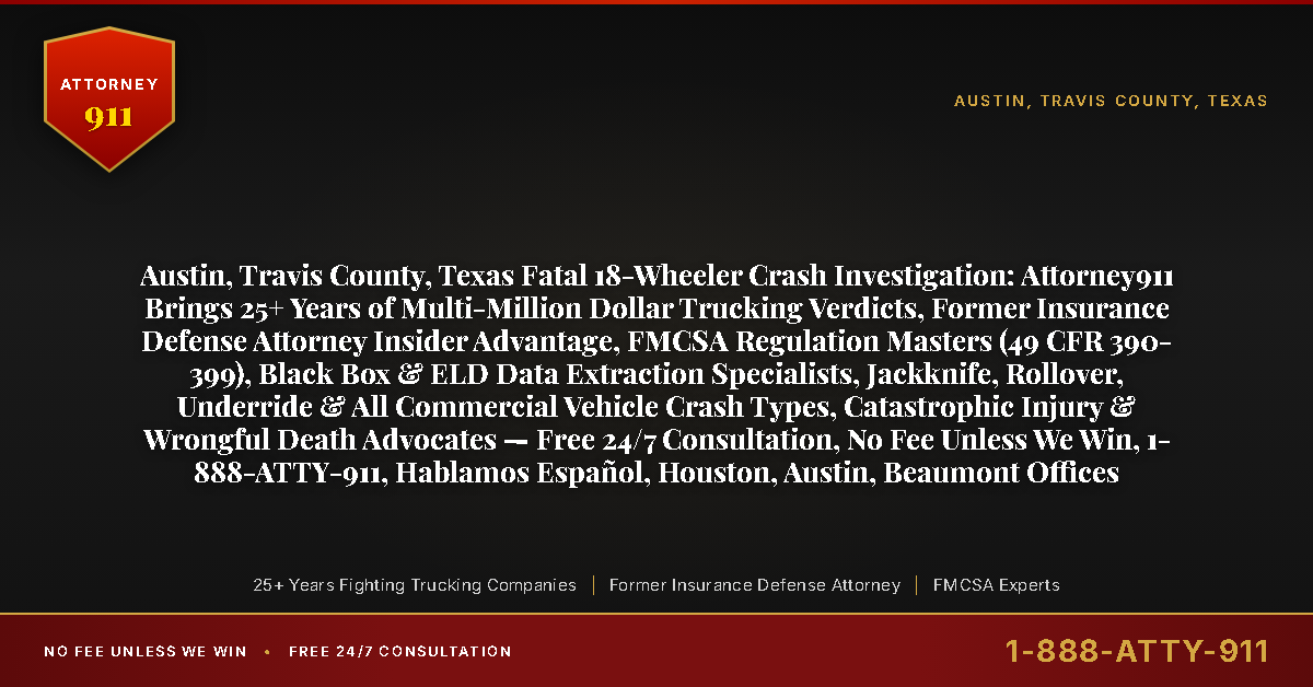 Austin, Travis County, Texas Fatal 18-Wheeler Crash Investigation: Attorney911 Brings 25+ Years of Multi-Million Dollar Trucking Verdicts, Former Insurance Defense Attorney Insider Advantage, FMCSA Regulation Masters (49 CFR 390-399), Black Box & ELD Data Extraction Specialists, Jackknife, Rollover, Underride & All Commercial Vehicle Crash Types, Catastrophic Injury & Wrongful Death Advocates — Free 24/7 Consultation, No Fee Unless We Win, 1-888-ATTY-911, Hablamos Español, Houston, Austin, Beaumont Offices - Attorney911