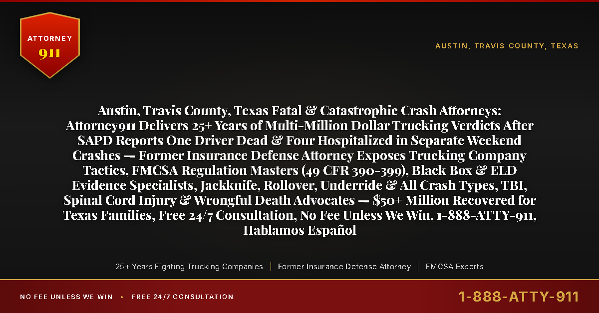 Austin, Travis County, Texas Fatal & Catastrophic Crash Attorneys: Attorney911 Delivers 25+ Years of Multi-Million Dollar Trucking Verdicts After SAPD Reports One Driver Dead & Four Hospitalized in Separate Weekend Crashes — Former Insurance Defense Attorney Exposes Trucking Company Tactics, FMCSA Regulation Masters (49 CFR 390-399), Black Box & ELD Evidence Specialists, Jackknife, Rollover, Underride & All Crash Types, TBI, Spinal Cord Injury & Wrongful Death Advocates — $50+ Million Recovered for Texas Families, Free 24/7 Consultation, No Fee Unless We Win, 1-888-ATTY-911, Hablamos Español - Attorney911
