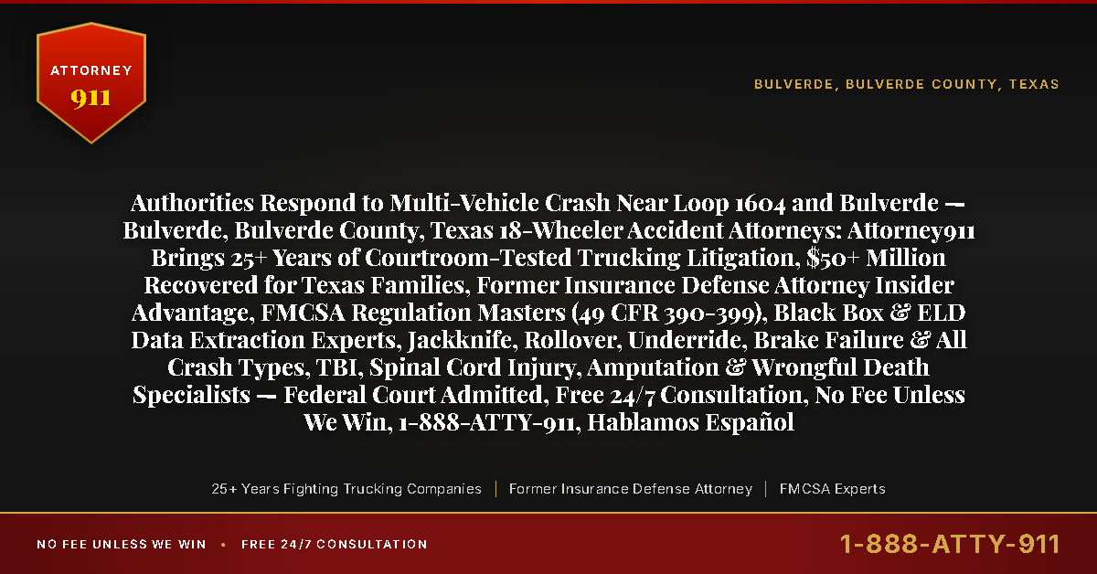 Authorities Respond to Multi-Vehicle Crash Near Loop 1604 and Bulverde — Bulverde, Bulverde County, Texas 18-Wheeler Accident Attorneys: Attorney911 Brings 25+ Years of Courtroom-Tested Trucking Litigation, $50+ Million Recovered for Texas Families, Former Insurance Defense Attorney Insider Advantage, FMCSA Regulation Masters (49 CFR 390-399), Black Box & ELD Data Extraction Experts, Jackknife, Rollover, Underride, Brake Failure & All Crash Types, TBI, Spinal Cord Injury, Amputation & Wrongful Death Specialists — Federal Court Admitted, Free 24/7 Consultation, No Fee Unless We Win, 1-888-ATTY-911, Hablamos Español - Attorney911