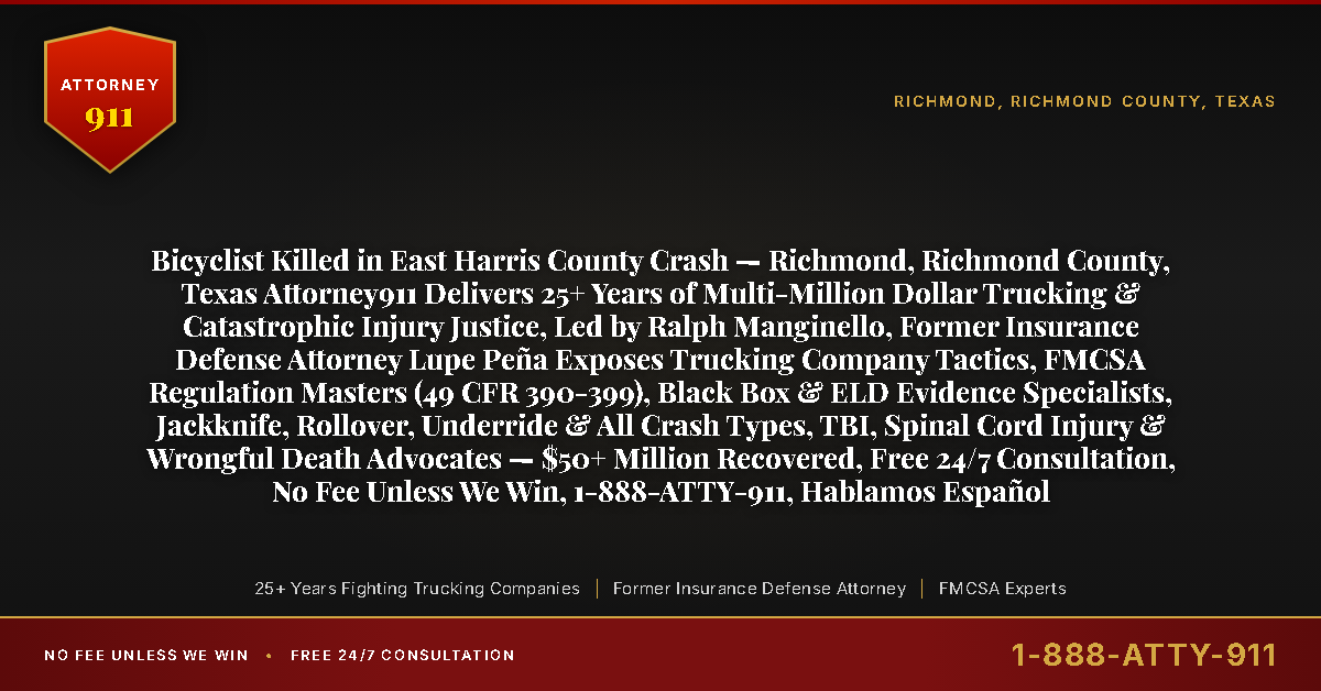 Bicyclist Killed in East Harris County Crash — Richmond, Richmond County, Texas Attorney911 Delivers 25+ Years of Multi-Million Dollar Trucking & Catastrophic Injury Justice, Led by Ralph Manginello, Former Insurance Defense Attorney Lupe Peña Exposes Trucking Company Tactics, FMCSA Regulation Masters (49 CFR 390-399), Black Box & ELD Evidence Specialists, Jackknife, Rollover, Underride & All Crash Types, TBI, Spinal Cord Injury & Wrongful Death Advocates — $50+ Million Recovered, Free 24/7 Consultation, No Fee Unless We Win, 1-888-ATTY-911, Hablamos Español - Attorney911