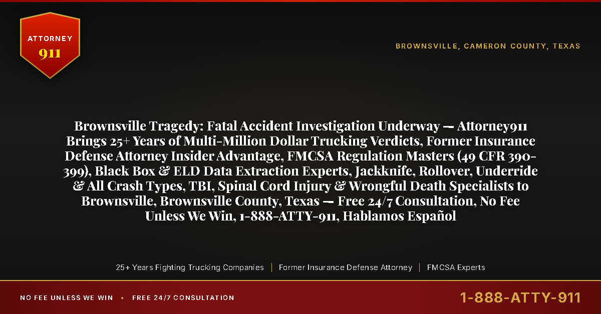 Brownsville Tragedy: Fatal Accident Investigation Underway — Attorney911 Brings 25+ Years of Multi-Million Dollar Trucking Verdicts, Former Insurance Defense Attorney Insider Advantage, FMCSA Regulation Masters (49 CFR 390-399), Black Box & ELD Data Extraction Experts, Jackknife, Rollover, Underride & All Crash Types, TBI, Spinal Cord Injury & Wrongful Death Specialists to Brownsville, Brownsville County, Texas — Free 24/7 Consultation, No Fee Unless We Win, 1-888-ATTY-911, Hablamos Español - Attorney911