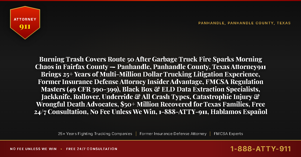 Burning Trash Covers Route 50 After Garbage Truck Fire Sparks Morning Chaos in Fairfax County — Panhandle, Panhandle County, Texas Attorney911 Brings 25+ Years of Multi-Million Dollar Trucking Litigation Experience, Former Insurance Defense Attorney Insider Advantage, FMCSA Regulation Masters (49 CFR 390-399), Black Box & ELD Data Extraction Specialists, Jackknife, Rollover, Underride & All Crash Types, Catastrophic Injury & Wrongful Death Advocates, $50+ Million Recovered for Texas Families, Free 24/7 Consultation, No Fee Unless We Win, 1-888-ATTY-911, Hablamos Español - Attorney911