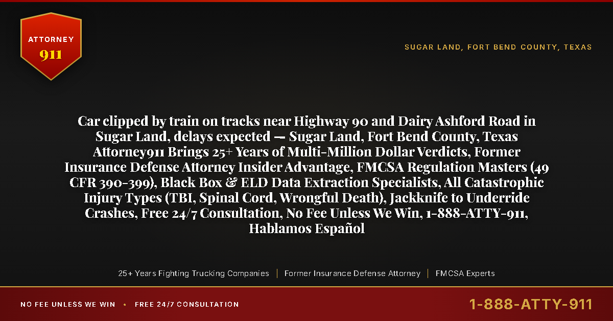 Car clipped by train on tracks near Highway 90 and Dairy Ashford Road in Sugar Land, delays expected — Sugar Land, Fort Bend County, Texas Attorney911 Brings 25+ Years of Multi-Million Dollar Verdicts, Former Insurance Defense Attorney Insider Advantage, FMCSA Regulation Masters (49 CFR 390-399), Black Box & ELD Data Extraction Specialists, All Catastrophic Injury Types (TBI, Spinal Cord, Wrongful Death), Jackknife to Underride Crashes, Free 24/7 Consultation, No Fee Unless We Win, 1-888-ATTY-911, Hablamos Español - Attorney911