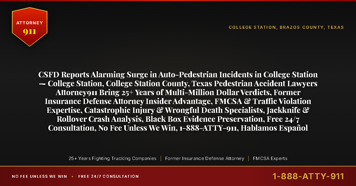 CSFD Reports Alarming Surge in Auto-Pedestrian Incidents in College Station — College Station, College Station County, Texas Pedestrian Accident Lawyers Attorney911 Bring 25+ Years of Multi-Million Dollar Verdicts, Former Insurance Defense Attorney Insider Advantage, FMCSA & Traffic Violation Expertise, Catastrophic Injury & Wrongful Death Specialists, Jackknife & Rollover Crash Analysis, Black Box Evidence Preservation, Free 24/7 Consultation, No Fee Unless We Win, 1-888-ATTY-911, Hablamos Español - Attorney911