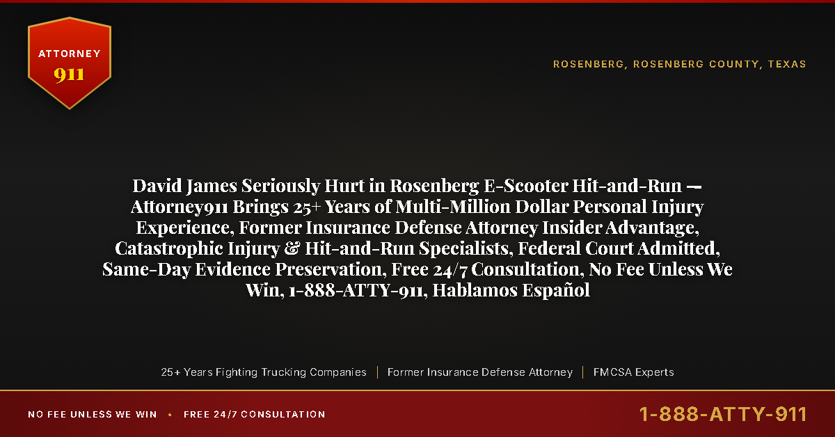 David James Seriously Hurt in Rosenberg E-Scooter Hit-and-Run — Attorney911 Brings 25+ Years of Multi-Million Dollar Personal Injury Experience, Former Insurance Defense Attorney Insider Advantage, Catastrophic Injury & Hit-and-Run Specialists, Federal Court Admitted, Same-Day Evidence Preservation, Free 24/7 Consultation, No Fee Unless We Win, 1-888-ATTY-911, Hablamos Español - Attorney911