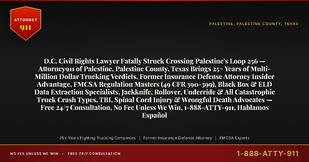 D.C. Civil Rights Lawyer Fatally Struck Crossing Palestine's Loop 256 — Attorney911 of Palestine, Palestine County, Texas Brings 25+ Years of Multi-Million Dollar Trucking Verdicts, Former Insurance Defense Attorney Insider Advantage, FMCSA Regulation Masters (49 CFR 390-399), Black Box & ELD Data Extraction Specialists, Jackknife, Rollover, Underride & All Catastrophic Truck Crash Types, TBI, Spinal Cord Injury & Wrongful Death Advocates — Free 24/7 Consultation, No Fee Unless We Win, 1-888-ATTY-911, Hablamos Español - Attorney911