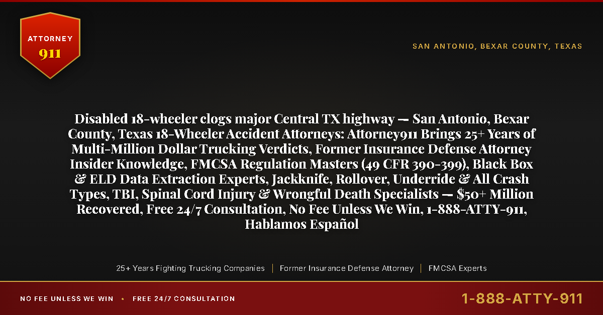 Disabled 18-wheeler clogs major Central TX highway — San Antonio, Bexar County, Texas 18-Wheeler Accident Attorneys: Attorney911 Brings 25+ Years of Multi-Million Dollar Trucking Verdicts, Former Insurance Defense Attorney Insider Knowledge, FMCSA Regulation Masters (49 CFR 390-399), Black Box & ELD Data Extraction Experts, Jackknife, Rollover, Underride & All Crash Types, TBI, Spinal Cord Injury & Wrongful Death Specialists — $50+ Million Recovered, Free 24/7 Consultation, No Fee Unless We Win, 1-888-ATTY-911, Hablamos Español - Attorney911