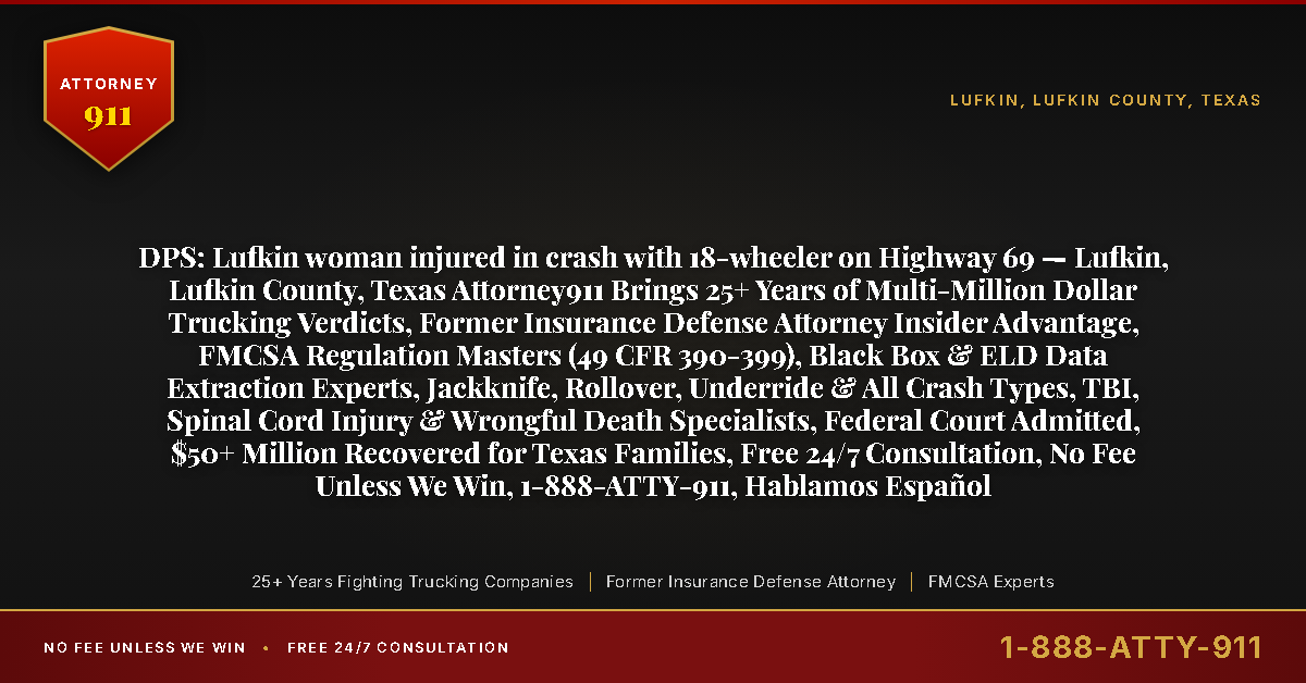 DPS: Lufkin woman injured in crash with 18-wheeler on Highway 69 — Lufkin, Lufkin County, Texas Attorney911 Brings 25+ Years of Multi-Million Dollar Trucking Verdicts, Former Insurance Defense Attorney Insider Advantage, FMCSA Regulation Masters (49 CFR 390-399), Black Box & ELD Data Extraction Experts, Jackknife, Rollover, Underride & All Crash Types, TBI, Spinal Cord Injury & Wrongful Death Specialists, Federal Court Admitted, $50+ Million Recovered for Texas Families, Free 24/7 Consultation, No Fee Unless We Win, 1-888-ATTY-911, Hablamos Español - Attorney911
