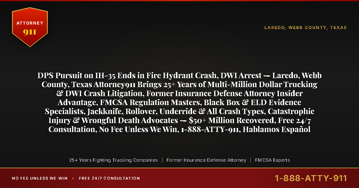 DPS Pursuit on IH-35 Ends in Fire Hydrant Crash, DWI Arrest — Laredo, Webb County, Texas Attorney911 Brings 25+ Years of Multi-Million Dollar Trucking & DWI Crash Litigation, Former Insurance Defense Attorney Insider Advantage, FMCSA Regulation Masters, Black Box & ELD Evidence Specialists, Jackknife, Rollover, Underride & All Crash Types, Catastrophic Injury & Wrongful Death Advocates — $50+ Million Recovered, Free 24/7 Consultation, No Fee Unless We Win, 1-888-ATTY-911, Hablamos Español - Attorney911