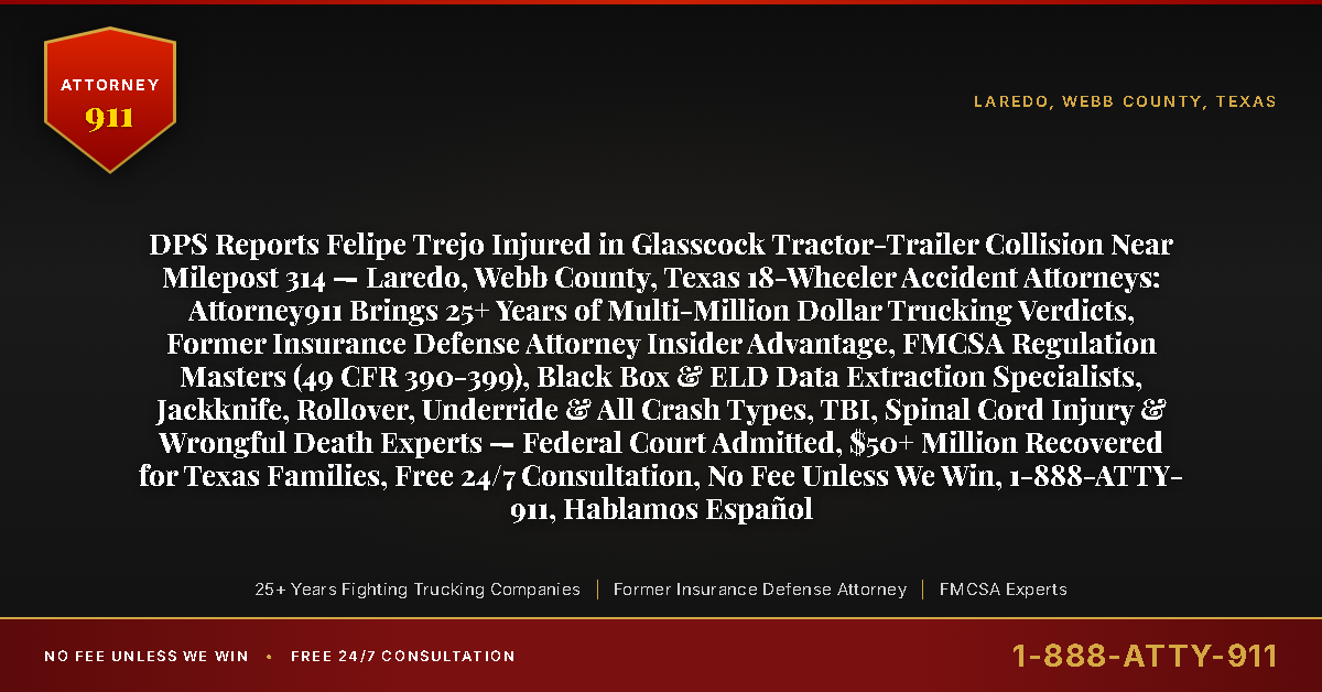 DPS Reports Felipe Trejo Injured in Glasscock Tractor-Trailer Collision Near Milepost 314 — Laredo, Webb County, Texas 18-Wheeler Accident Attorneys: Attorney911 Brings 25+ Years of Multi-Million Dollar Trucking Verdicts, Former Insurance Defense Attorney Insider Advantage, FMCSA Regulation Masters (49 CFR 390-399), Black Box & ELD Data Extraction Specialists, Jackknife, Rollover, Underride & All Crash Types, TBI, Spinal Cord Injury & Wrongful Death Experts — Federal Court Admitted, $50+ Million Recovered for Texas Families, Free 24/7 Consultation, No Fee Unless We Win, 1-888-ATTY-911, Hablamos Español - Attorney911