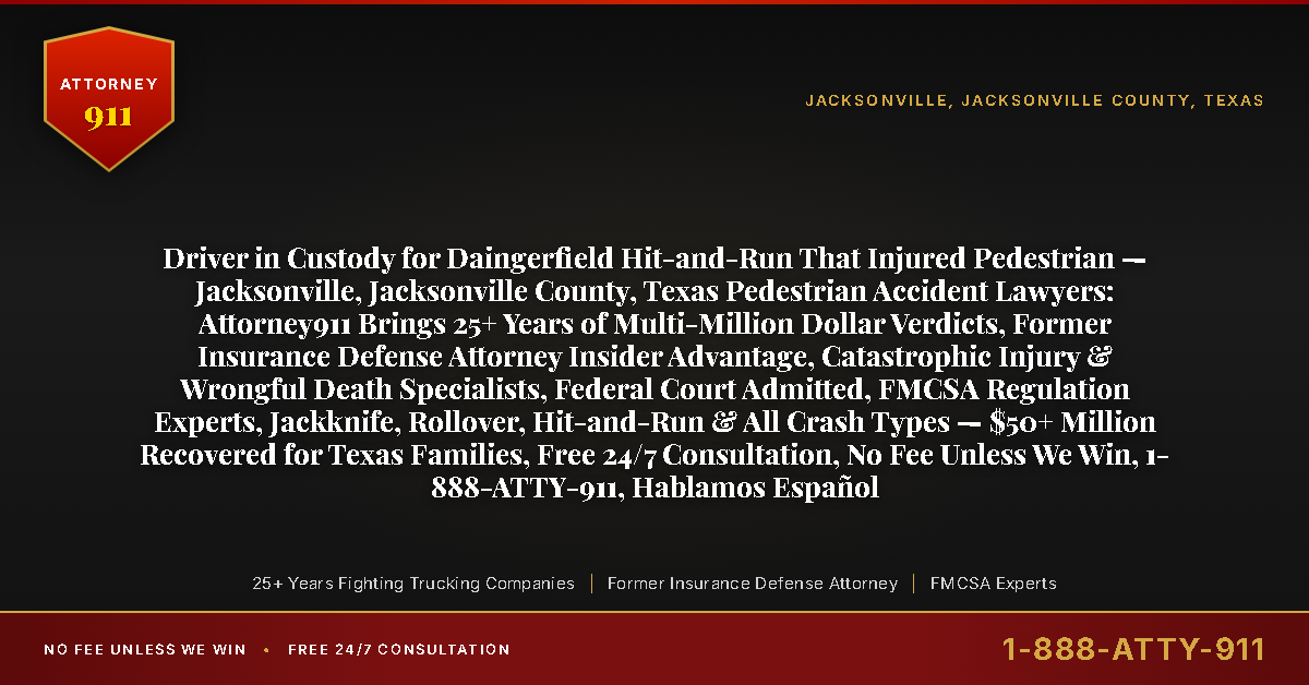 Driver in Custody for Daingerfield Hit-and-Run That Injured Pedestrian — Jacksonville, Jacksonville County, Texas Pedestrian Accident Lawyers: Attorney911 Brings 25+ Years of Multi-Million Dollar Verdicts, Former Insurance Defense Attorney Insider Advantage, Catastrophic Injury & Wrongful Death Specialists, Federal Court Admitted, FMCSA Regulation Experts, Jackknife, Rollover, Hit-and-Run & All Crash Types — $50+ Million Recovered for Texas Families, Free 24/7 Consultation, No Fee Unless We Win, 1-888-ATTY-911, Hablamos Español - Attorney911