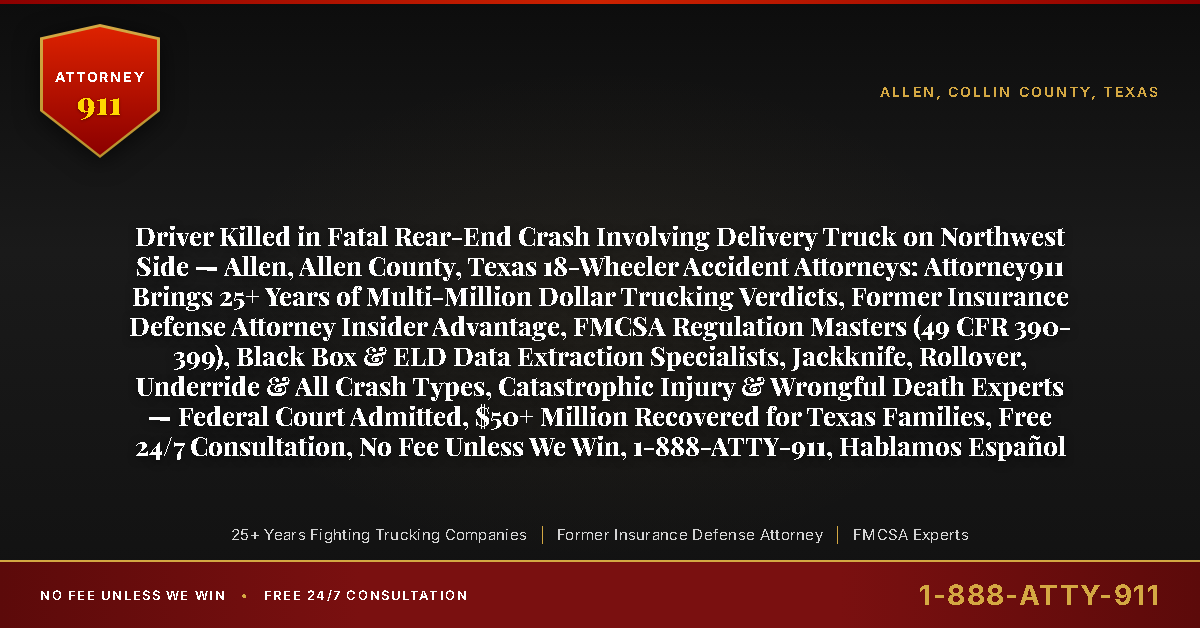 Driver Killed in Fatal Rear-End Crash Involving Delivery Truck on Northwest Side — Allen, Allen County, Texas 18-Wheeler Accident Attorneys: Attorney911 Brings 25+ Years of Multi-Million Dollar Trucking Verdicts, Former Insurance Defense Attorney Insider Advantage, FMCSA Regulation Masters (49 CFR 390-399), Black Box & ELD Data Extraction Specialists, Jackknife, Rollover, Underride & All Crash Types, Catastrophic Injury & Wrongful Death Experts — Federal Court Admitted, $50+ Million Recovered for Texas Families, Free 24/7 Consultation, No Fee Unless We Win, 1-888-ATTY-911, Hablamos Español - Attorney911