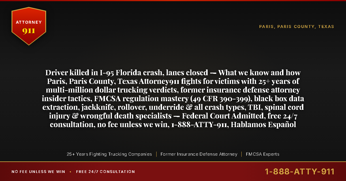 Driver killed in I-95 Florida crash, lanes closed — What we know and how Paris, Paris County, Texas Attorney911 fights for victims with 25+ years of multi-million dollar trucking verdicts, former insurance defense attorney insider tactics, FMCSA regulation mastery (49 CFR 390-399), black box data extraction, jackknife, rollover, underride & all crash types, TBI, spinal cord injury & wrongful death specialists — Federal Court Admitted, free 24/7 consultation, no fee unless we win, 1-888-ATTY-911, Hablamos Español - Attorney911