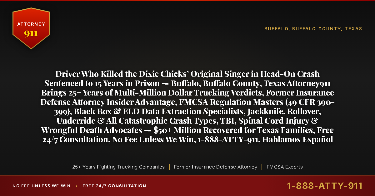 Driver Who Killed the Dixie Chicks’ Original Singer in Head-On Crash Sentenced to 15 Years in Prison — Buffalo, Buffalo County, Texas Attorney911 Brings 25+ Years of Multi-Million Dollar Trucking Verdicts, Former Insurance Defense Attorney Insider Advantage, FMCSA Regulation Masters (49 CFR 390-399), Black Box & ELD Data Extraction Specialists, Jackknife, Rollover, Underride & All Catastrophic Crash Types, TBI, Spinal Cord Injury & Wrongful Death Advocates — $50+ Million Recovered for Texas Families, Free 24/7 Consultation, No Fee Unless We Win, 1-888-ATTY-911, Hablamos Español - Attorney911