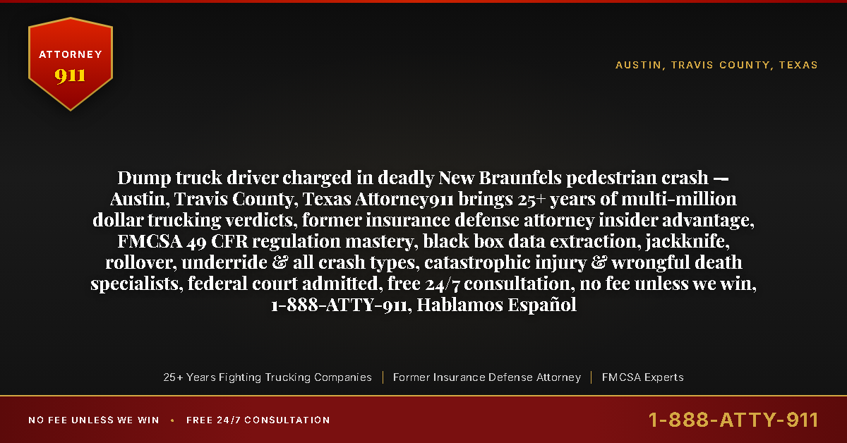 Dump truck driver charged in deadly New Braunfels pedestrian crash — Austin, Travis County, Texas Attorney911 brings 25+ years of multi-million dollar trucking verdicts, former insurance defense attorney insider advantage, FMCSA 49 CFR regulation mastery, black box data extraction, jackknife, rollover, underride & all crash types, catastrophic injury & wrongful death specialists, federal court admitted, free 24/7 consultation, no fee unless we win, 1-888-ATTY-911, Hablamos Español - Attorney911