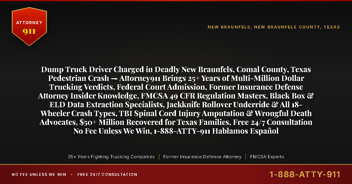 Dump Truck Driver Charged in Deadly New Braunfels, Comal County, Texas Pedestrian Crash — Attorney911 Brings 25+ Years of Multi-Million Dollar Trucking Verdicts, Federal Court Admission, Former Insurance Defense Attorney Insider Knowledge, FMCSA 49 CFR Regulation Masters, Black Box & ELD Data Extraction Specialists, Jackknife Rollover Underride & All 18-Wheeler Crash Types, TBI Spinal Cord Injury Amputation & Wrongful Death Advocates, $50+ Million Recovered for Texas Families, Free 24/7 Consultation No Fee Unless We Win, 1-888-ATTY-911 Hablamos Español - Attorney911