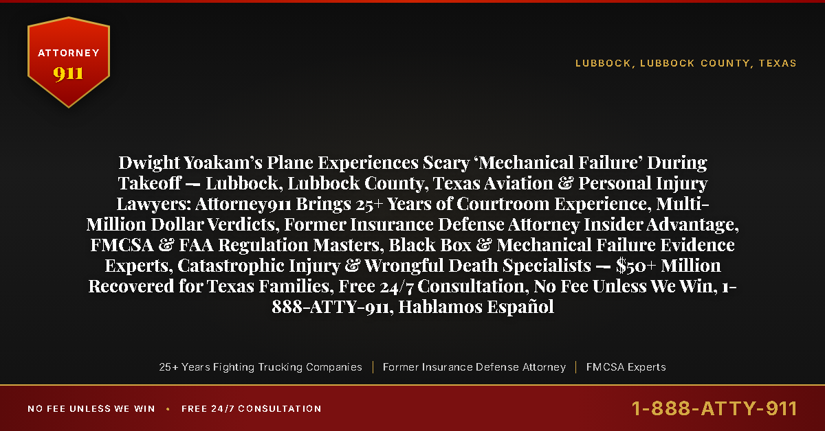 Dwight Yoakam’s Plane Experiences Scary ‘Mechanical Failure’ During Takeoff — Lubbock, Lubbock County, Texas Aviation & Personal Injury Lawyers: Attorney911 Brings 25+ Years of Courtroom Experience, Multi-Million Dollar Verdicts, Former Insurance Defense Attorney Insider Advantage, FMCSA & FAA Regulation Masters, Black Box & Mechanical Failure Evidence Experts, Catastrophic Injury & Wrongful Death Specialists — $50+ Million Recovered for Texas Families, Free 24/7 Consultation, No Fee Unless We Win, 1-888-ATTY-911, Hablamos Español - Attorney911