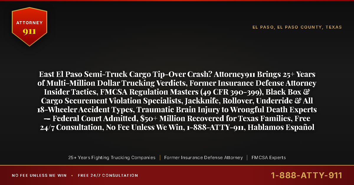 East El Paso Semi-Truck Cargo Tip-Over Crash? Attorney911 Brings 25+ Years of Multi-Million Dollar Trucking Verdicts, Former Insurance Defense Attorney Insider Tactics, FMCSA Regulation Masters (49 CFR 390-399), Black Box & Cargo Securement Violation Specialists, Jackknife, Rollover, Underride & All 18-Wheeler Accident Types, Traumatic Brain Injury to Wrongful Death Experts — Federal Court Admitted, $50+ Million Recovered for Texas Families, Free 24/7 Consultation, No Fee Unless We Win, 1-888-ATTY-911, Hablamos Español - Attorney911