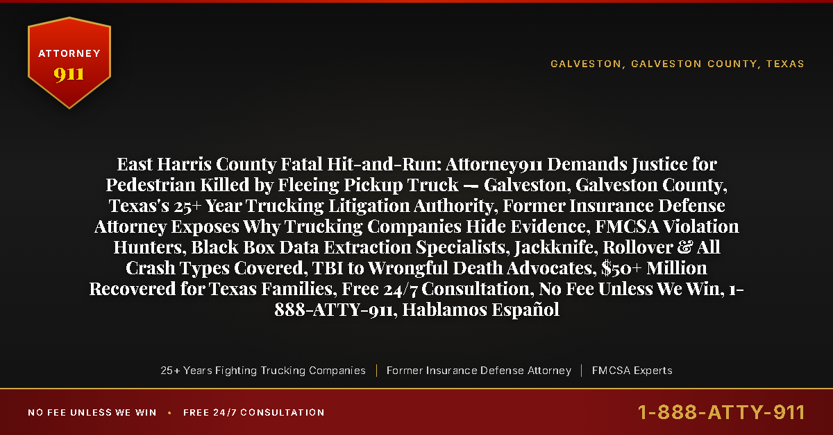 East Harris County Fatal Hit-and-Run: Attorney911 Demands Justice for Pedestrian Killed by Fleeing Pickup Truck — Galveston, Galveston County, Texas's 25+ Year Trucking Litigation Authority, Former Insurance Defense Attorney Exposes Why Trucking Companies Hide Evidence, FMCSA Violation Hunters, Black Box Data Extraction Specialists, Jackknife, Rollover & All Crash Types Covered, TBI to Wrongful Death Advocates, $50+ Million Recovered for Texas Families, Free 24/7 Consultation, No Fee Unless We Win, 1-888-ATTY-911, Hablamos Español - Attorney911