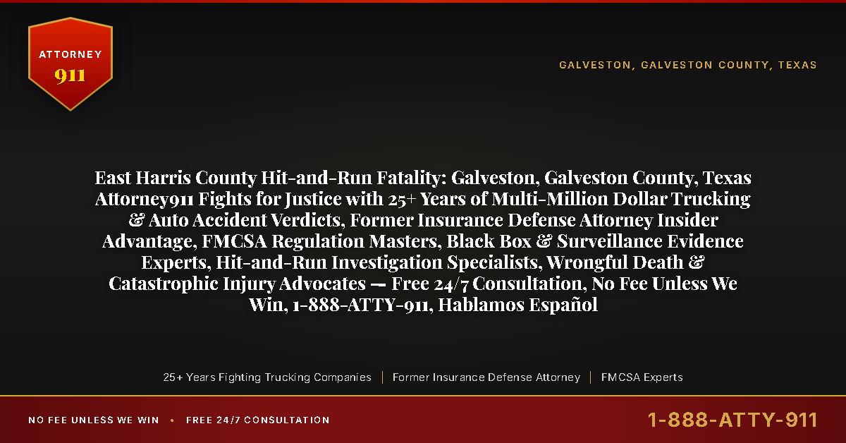 East Harris County Hit-and-Run Fatality: Galveston, Galveston County, Texas Attorney911 Fights for Justice with 25+ Years of Multi-Million Dollar Trucking & Auto Accident Verdicts, Former Insurance Defense Attorney Insider Advantage, FMCSA Regulation Masters, Black Box & Surveillance Evidence Experts, Hit-and-Run Investigation Specialists, Wrongful Death & Catastrophic Injury Advocates — Free 24/7 Consultation, No Fee Unless We Win, 1-888-ATTY-911, Hablamos Español - Attorney911