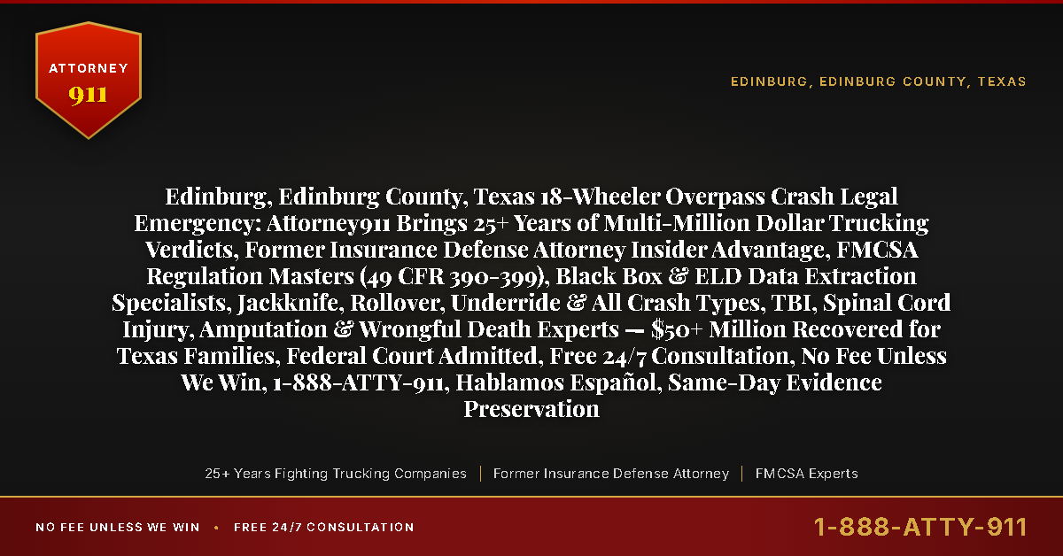 Edinburg, Edinburg County, Texas 18-Wheeler Overpass Crash Legal Emergency: Attorney911 Brings 25+ Years of Multi-Million Dollar Trucking Verdicts, Former Insurance Defense Attorney Insider Advantage, FMCSA Regulation Masters (49 CFR 390-399), Black Box & ELD Data Extraction Specialists, Jackknife, Rollover, Underride & All Crash Types, TBI, Spinal Cord Injury, Amputation & Wrongful Death Experts — $50+ Million Recovered for Texas Families, Federal Court Admitted, Free 24/7 Consultation, No Fee Unless We Win, 1-888-ATTY-911, Hablamos Español, Same-Day Evidence Preservation - Attorney911
