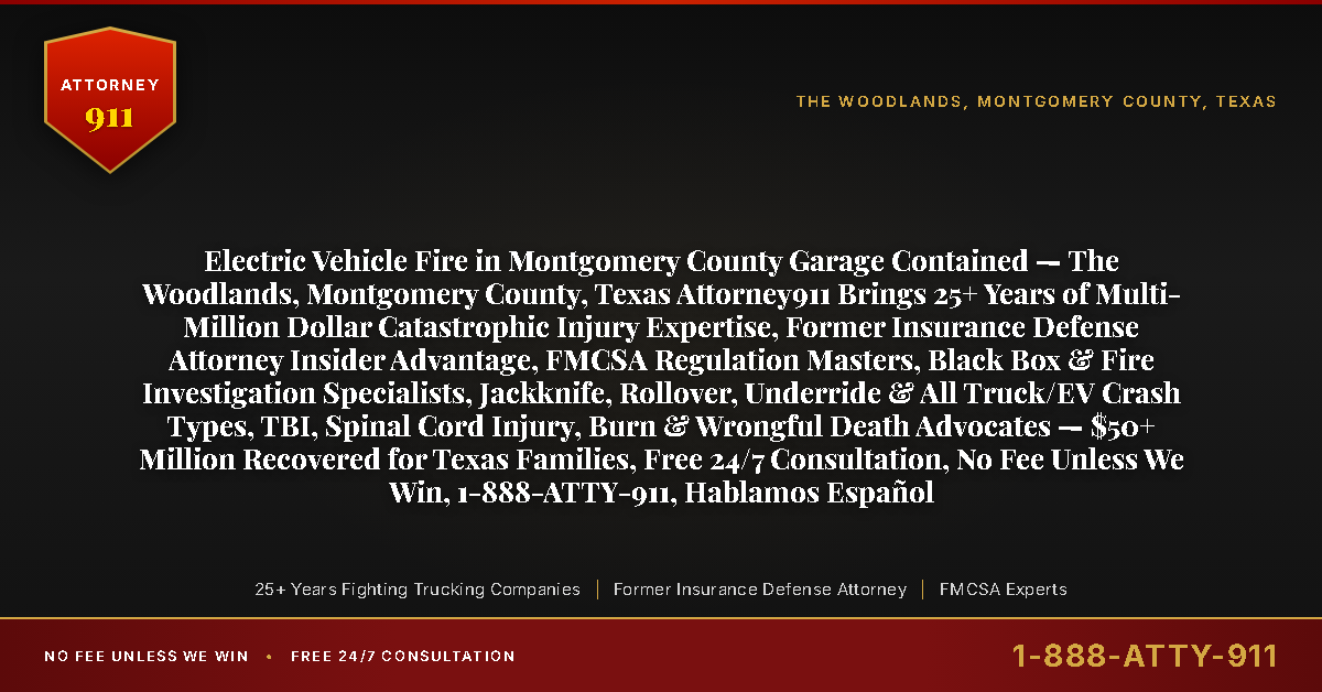 Electric Vehicle Fire in Montgomery County Garage Contained — The Woodlands, Montgomery County, Texas Attorney911 Brings 25+ Years of Multi-Million Dollar Catastrophic Injury Expertise, Former Insurance Defense Attorney Insider Advantage, FMCSA Regulation Masters, Black Box & Fire Investigation Specialists, Jackknife, Rollover, Underride & All Truck/EV Crash Types, TBI, Spinal Cord Injury, Burn & Wrongful Death Advocates — $50+ Million Recovered for Texas Families, Free 24/7 Consultation, No Fee Unless We Win, 1-888-ATTY-911, Hablamos Español - Attorney911